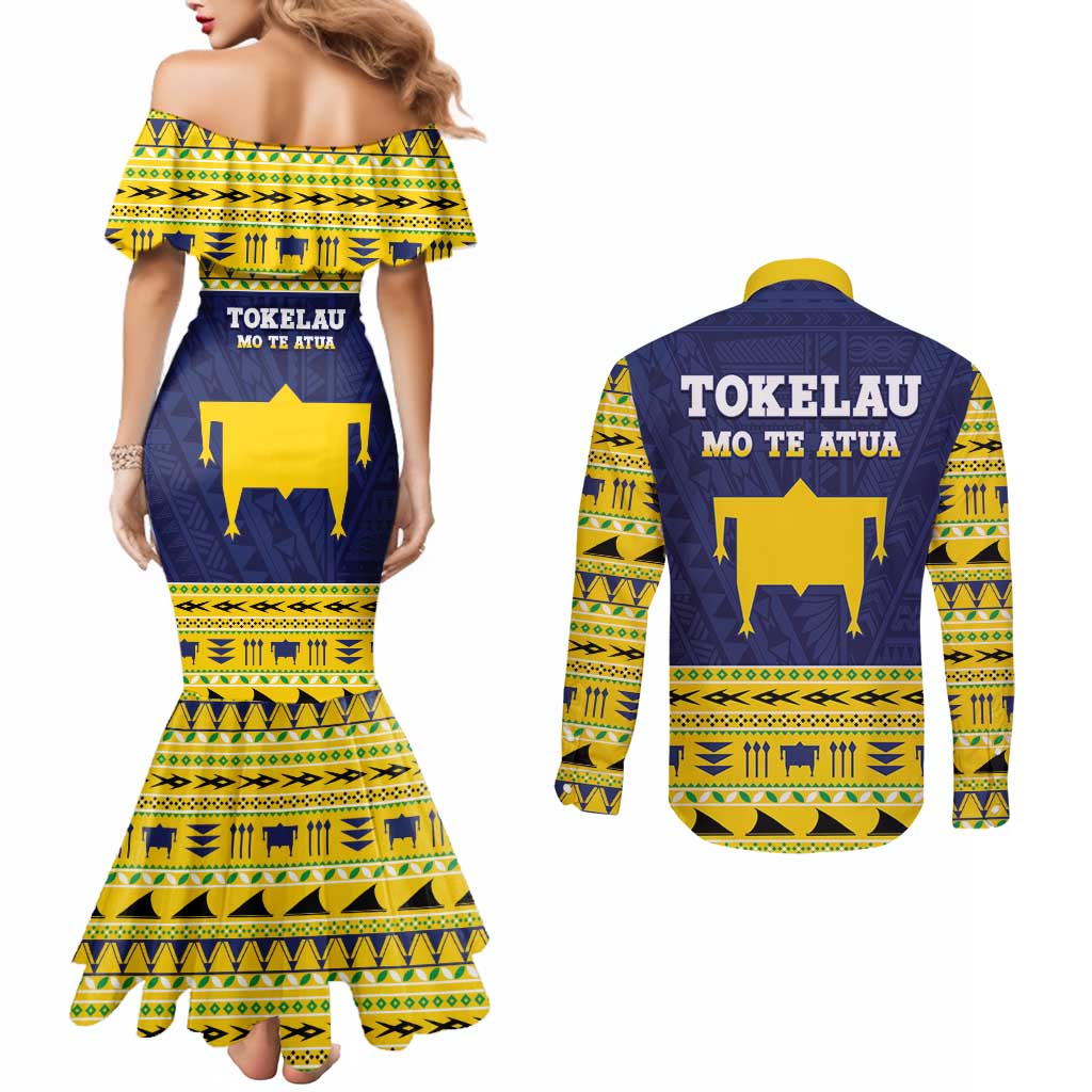 Tokelau Christmas Couples Matching Mermaid Dress and Long Sleeve Button Shirt Tokelauan Turtle Santa Sleigh LT05 - Polynesian Pride