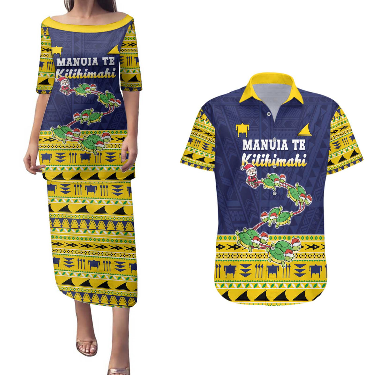 Tokelau Christmas Couples Matching Puletasi and Hawaiian Shirt Tokelauan Turtle Santa Sleigh LT05 Yellow - Polynesian Pride