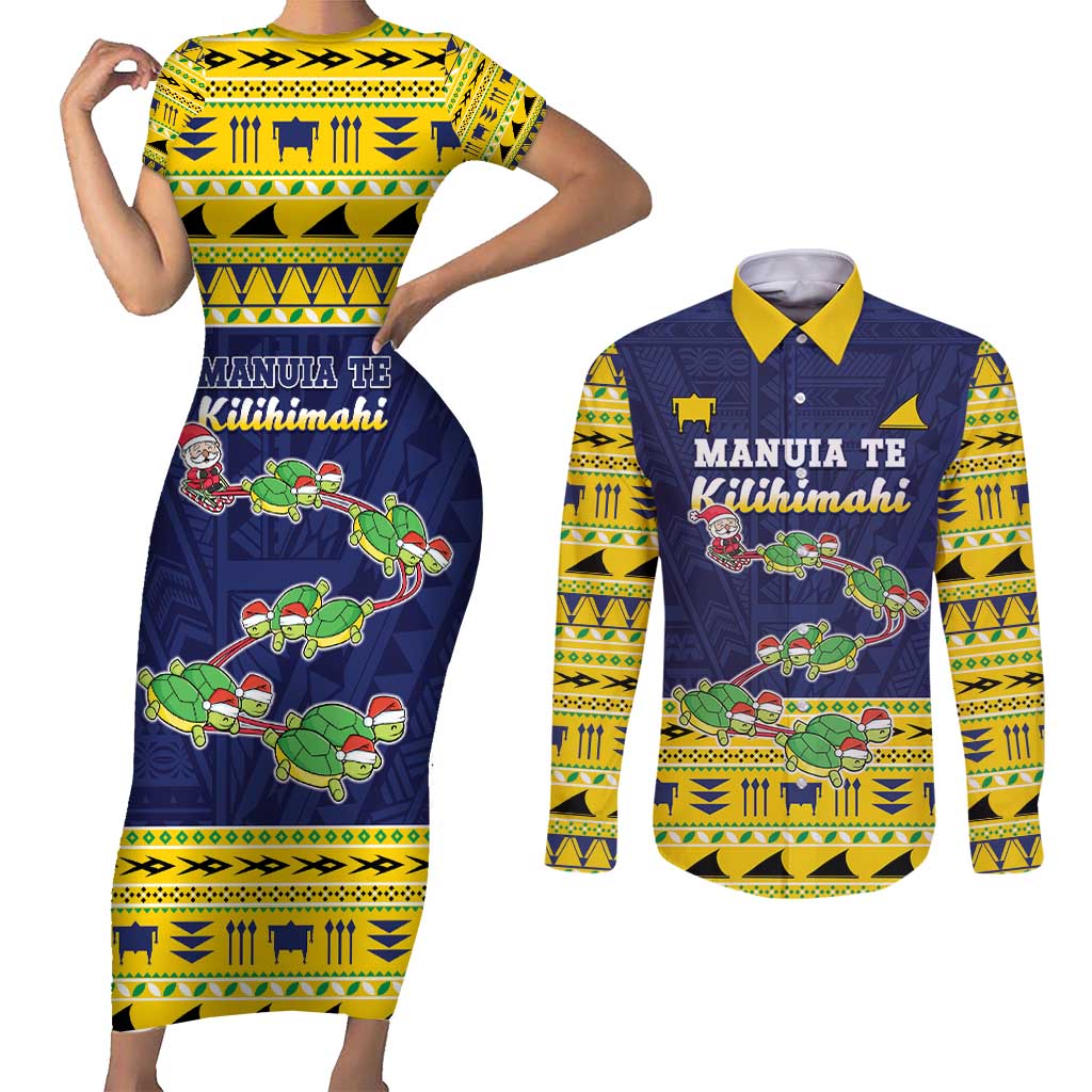 Tokelau Christmas Couples Matching Short Sleeve Bodycon Dress and Long Sleeve Button Shirt Tokelauan Turtle Santa Sleigh LT05 Yellow - Polynesian Pride