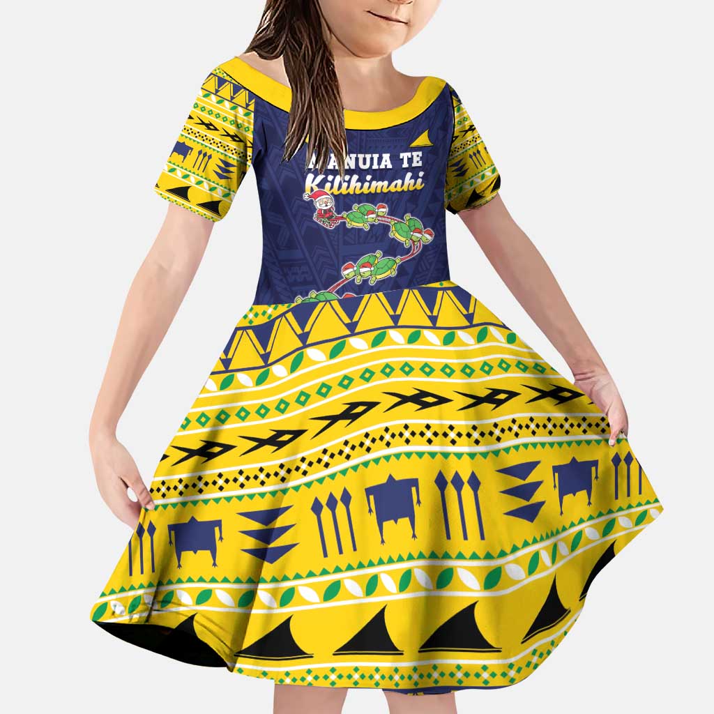 Tokelau Christmas Family Matching Puletasi and Hawaiian Shirt Tokelauan Turtle Santa Sleigh LT05 Daughter's Dress Yellow - Polynesian Pride