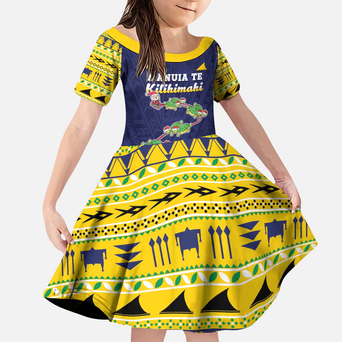 Tokelau Christmas Kid Short Sleeve Dress Tokelauan Turtle Santa Sleigh LT05 KID Yellow - Polynesian Pride