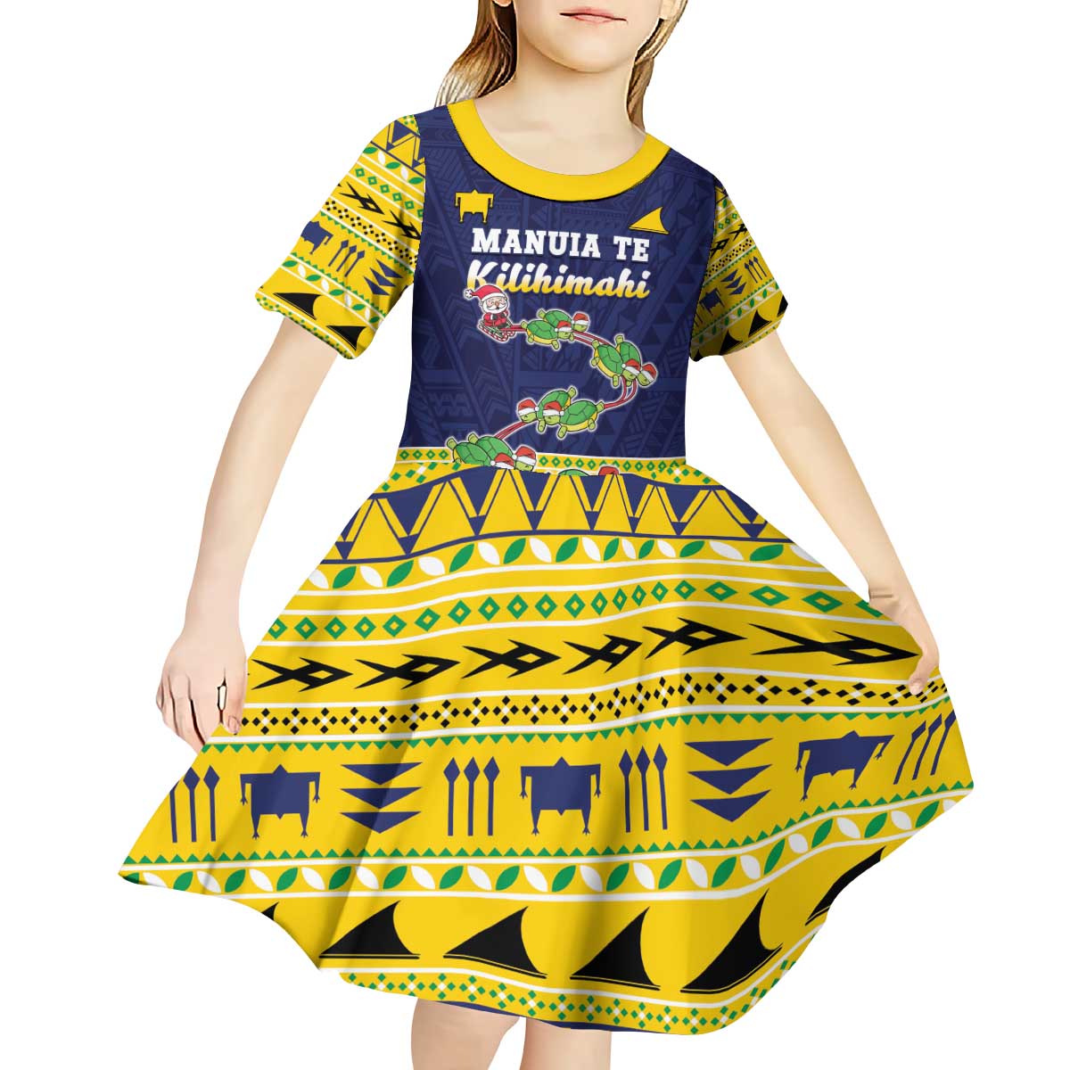 Tokelau Christmas Kid Short Sleeve Dress Tokelauan Turtle Santa Sleigh