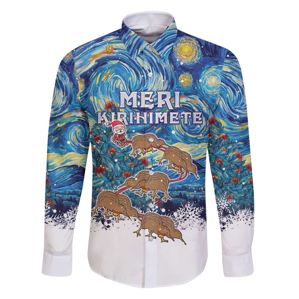New Zealand Christmas Family Matching Mermaid Dress and Hawaiian Shirt Kiwis Santa Sleigh Starry Night Style LT05 Dad's Shirt - Long Sleeve Blue - Polynesian Pride