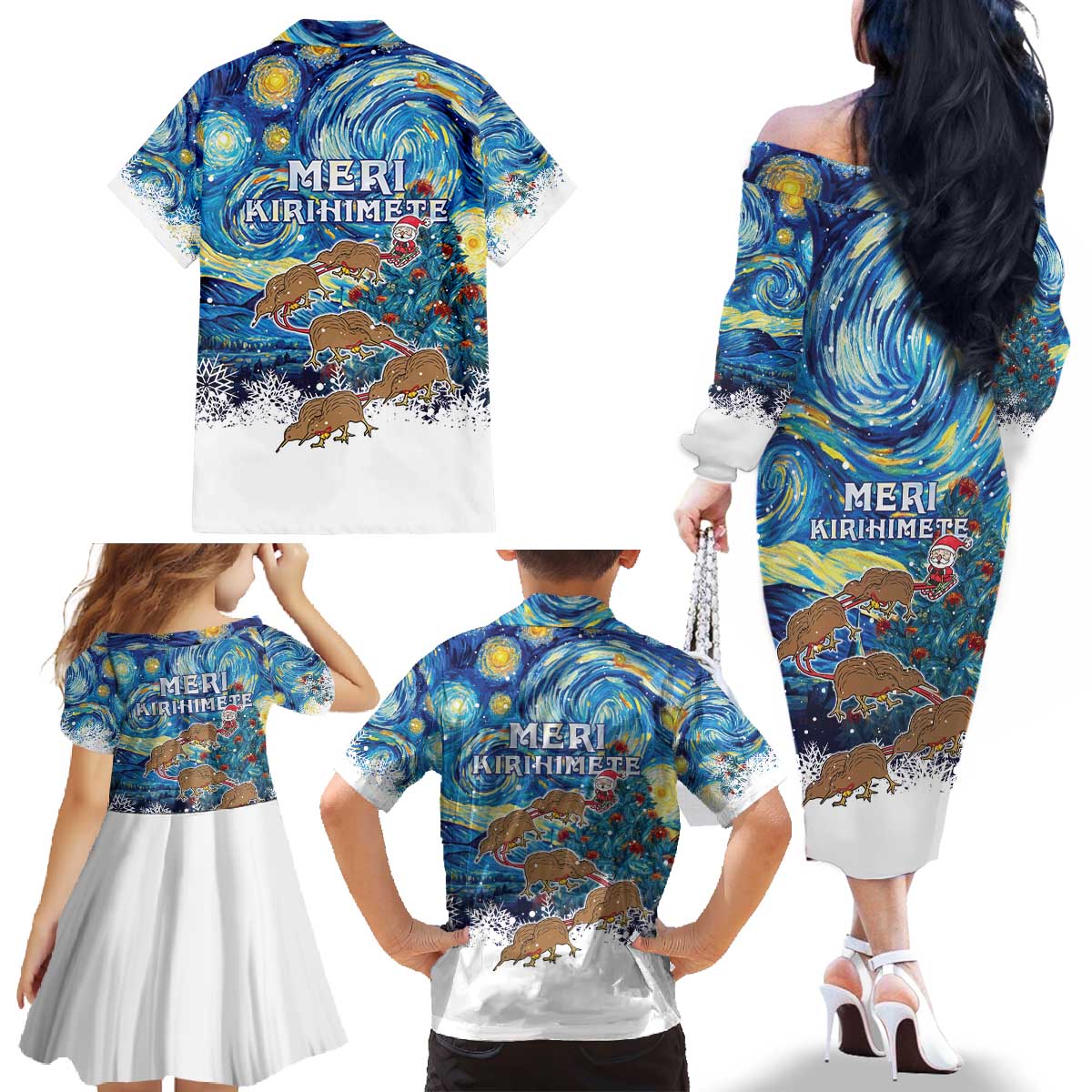 New Zealand Christmas Family Matching Off The Shoulder Long Sleeve Dress and Hawaiian Shirt Kiwis Santa Sleigh Starry Night Style
