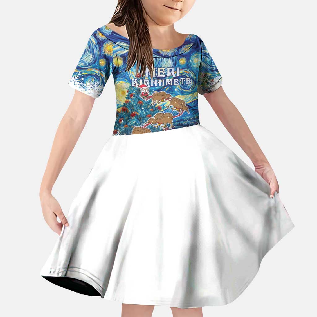 New Zealand Christmas Family Matching Tank Maxi Dress and Hawaiian Shirt Kiwis Santa Sleigh Starry Night Style LT05 Daughter's Dress Blue - Polynesian Pride