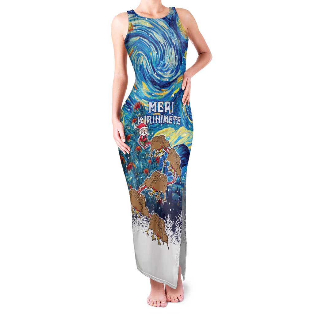 New Zealand Christmas Family Matching Tank Maxi Dress and Hawaiian Shirt Kiwis Santa Sleigh Starry Night Style LT05 Mom's Dress Blue - Polynesian Pride