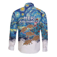 New Zealand Christmas Long Sleeve Button Shirt Kiwis Santa Sleigh Starry Night Style