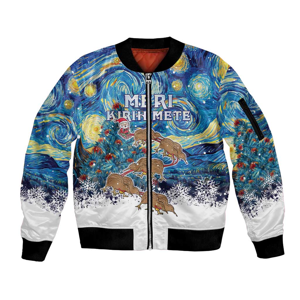 New Zealand Christmas Sleeve Zip Bomber Jacket Kiwis Santa Sleigh Starry Night Style LT05 Unisex Blue - Polynesian Pride