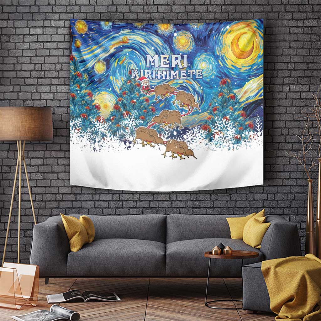New Zealand Christmas Tapestry Kiwis Santa Sleigh Starry Night Style LT05 Blue - Polynesian Pride