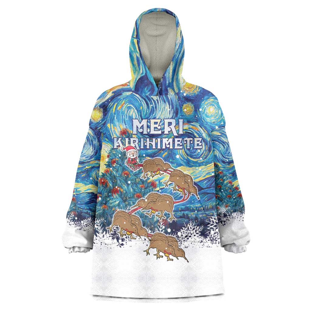 New Zealand Christmas Wearable Blanket Hoodie Kiwis Santa Sleigh Starry Night Style LT05 One Size Blue - Polynesian Pride