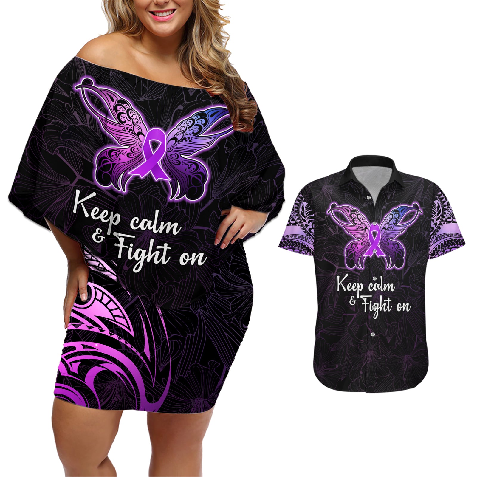 Pancreatic Cancer Awareness Couples Matching Off Shoulder Short Dress and Hawaiian Shirt Keep Calm And Fight On Polynesian Pattern LT05 Purple - Polynesian Pride
