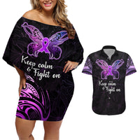 Pancreatic Cancer Awareness Couples Matching Off Shoulder Short Dress and Hawaiian Shirt Keep Calm And Fight On Polynesian Pattern LT05 Purple - Polynesian Pride