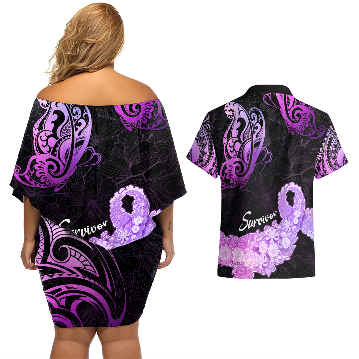 Pancreatic Cancer Awareness Couples Matching Off Shoulder Short Dress and Hawaiian Shirt Keep Calm And Fight On Polynesian Pattern LT05 - Polynesian Pride