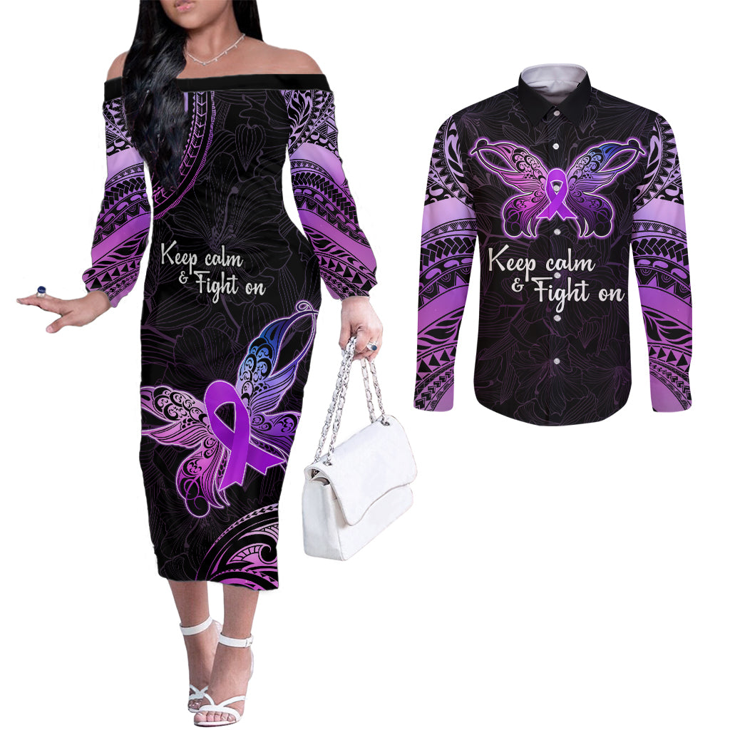 Pancreatic Cancer Awareness Couples Matching Off The Shoulder Long Sleeve Dress and Long Sleeve Button Shirt Keep Calm And Fight On Polynesian Pattern LT05 Purple - Polynesian Pride