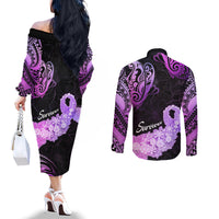 Pancreatic Cancer Awareness Couples Matching Off The Shoulder Long Sleeve Dress and Long Sleeve Button Shirt Keep Calm And Fight On Polynesian Pattern LT05 - Polynesian Pride