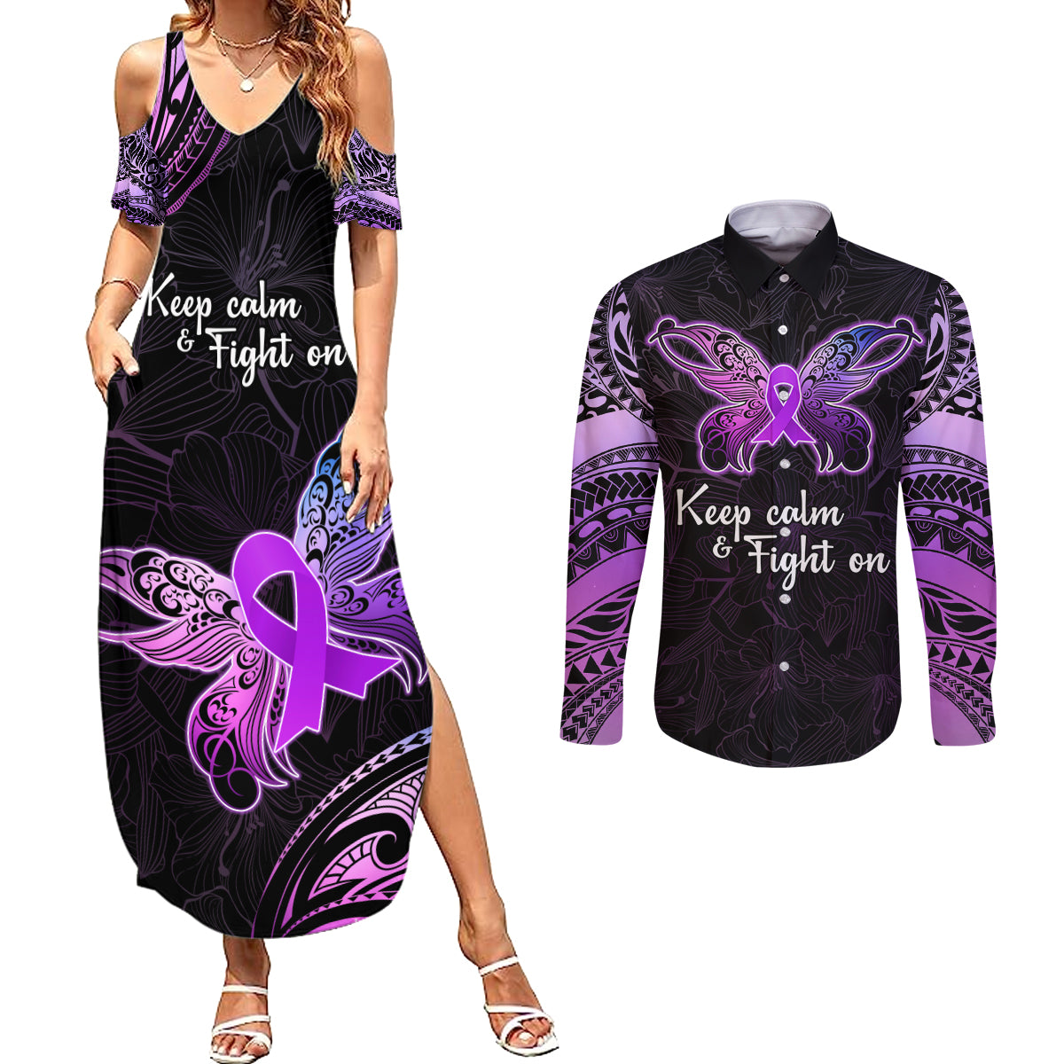 Pancreatic Cancer Awareness Couples Matching Summer Maxi Dress and Long Sleeve Button Shirt Keep Calm And Fight On Polynesian Pattern LT05 Purple - Polynesian Pride