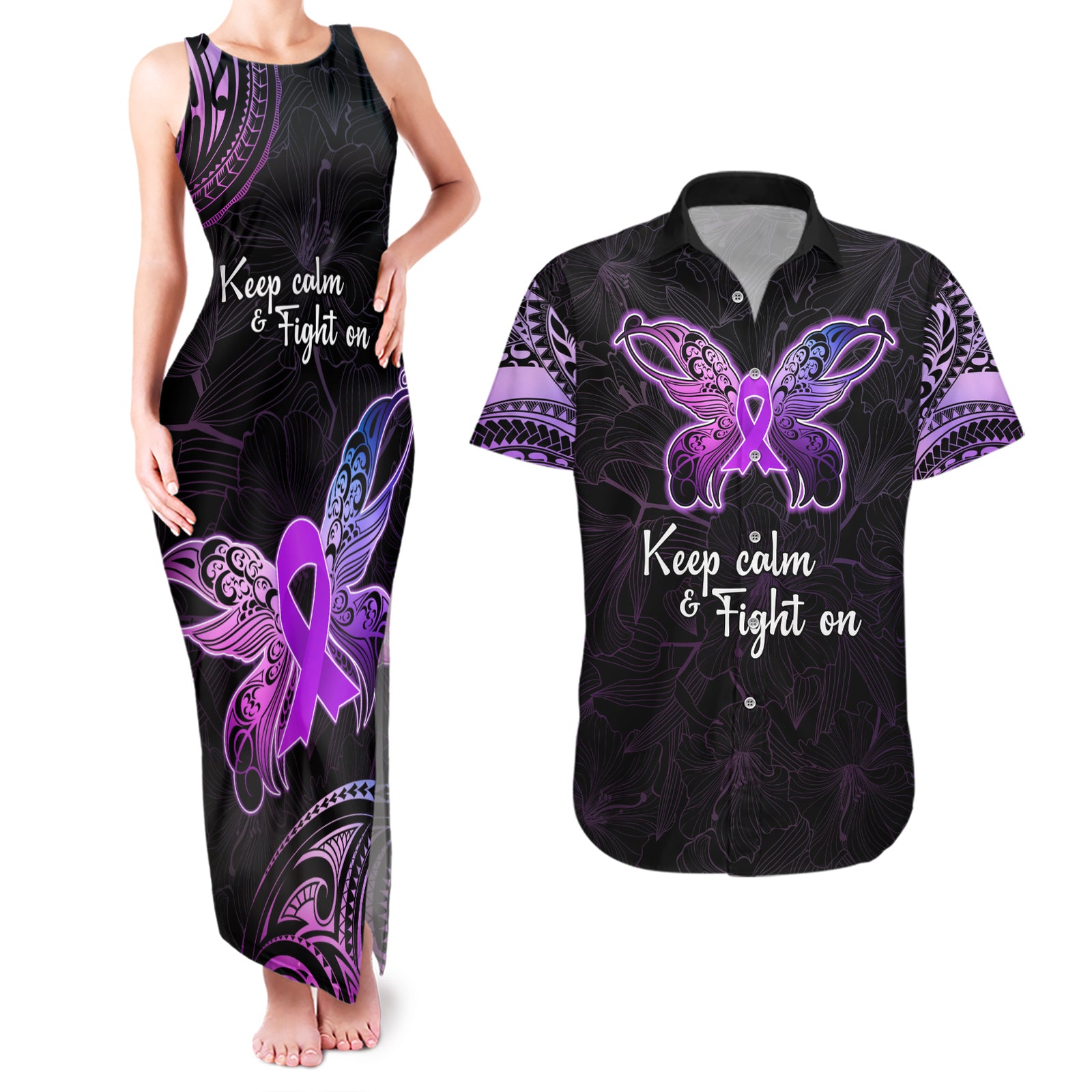 Pancreatic Cancer Awareness Couples Matching Tank Maxi Dress and Hawaiian Shirt Keep Calm And Fight On Polynesian Pattern LT05 Purple - Polynesian Pride