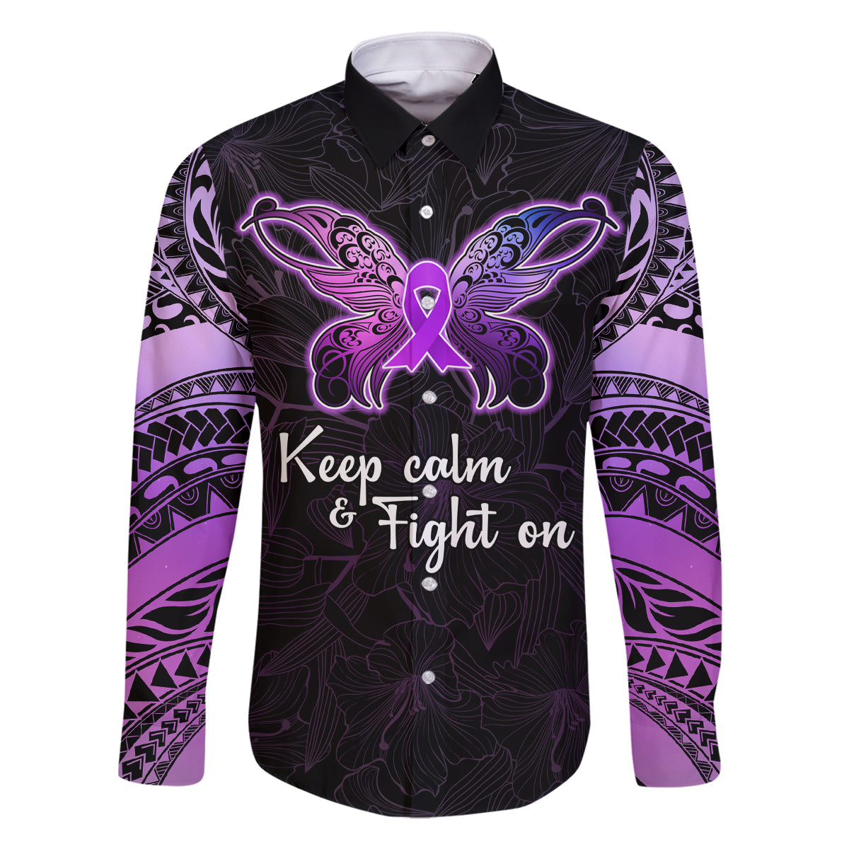 Pancreatic Cancer Awareness Family Matching Off Shoulder Maxi Dress and Hawaiian Shirt Keep Calm And Fight On Polynesian Pattern LT05 Dad's Shirt - Long Sleeve Purple - Polynesian Pride