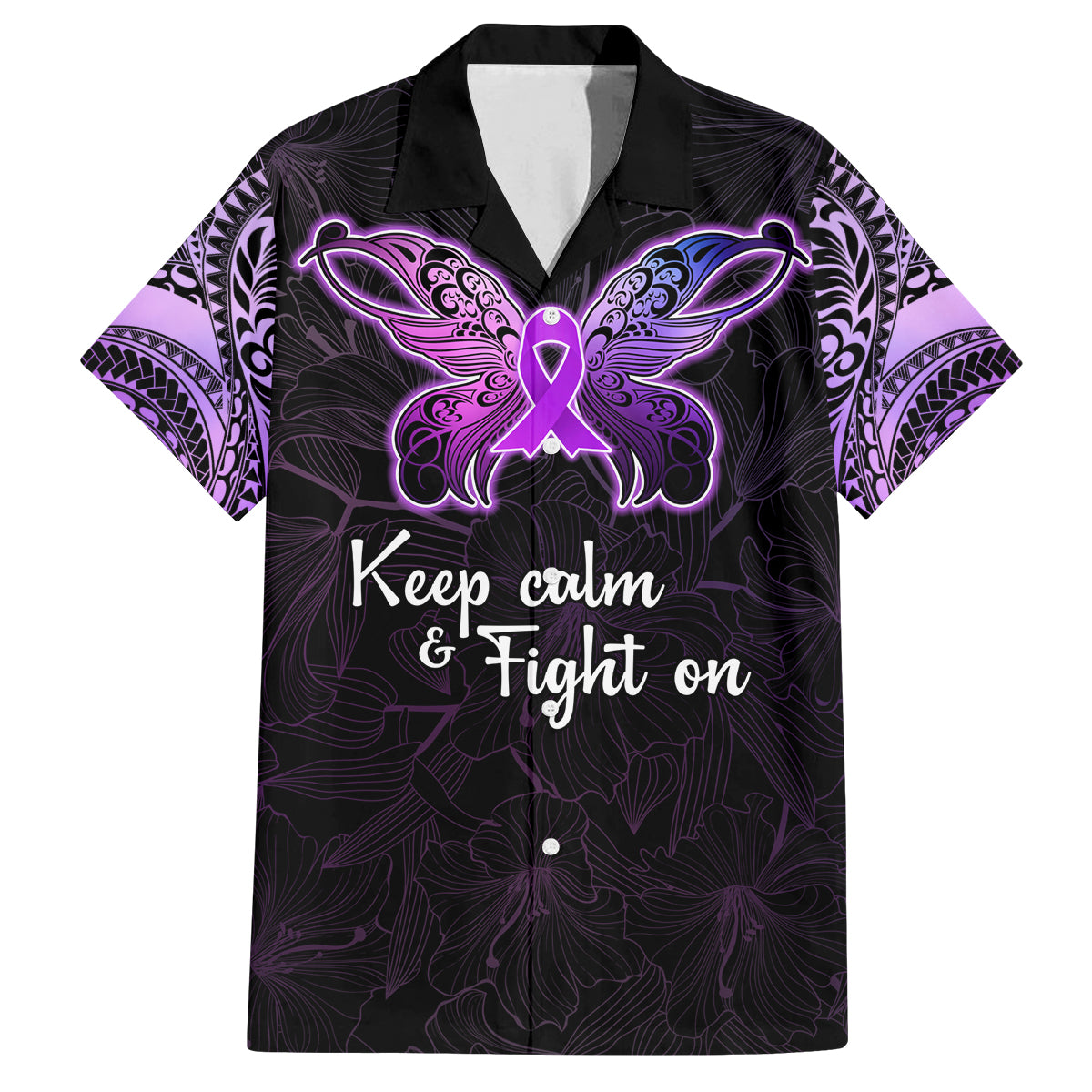 Pancreatic Cancer Awareness Family Matching Tank Maxi Dress and Hawaiian Shirt Keep Calm And Fight On Polynesian Pattern LT05 Dad's Shirt - Short Sleeve Purple - Polynesian Pride