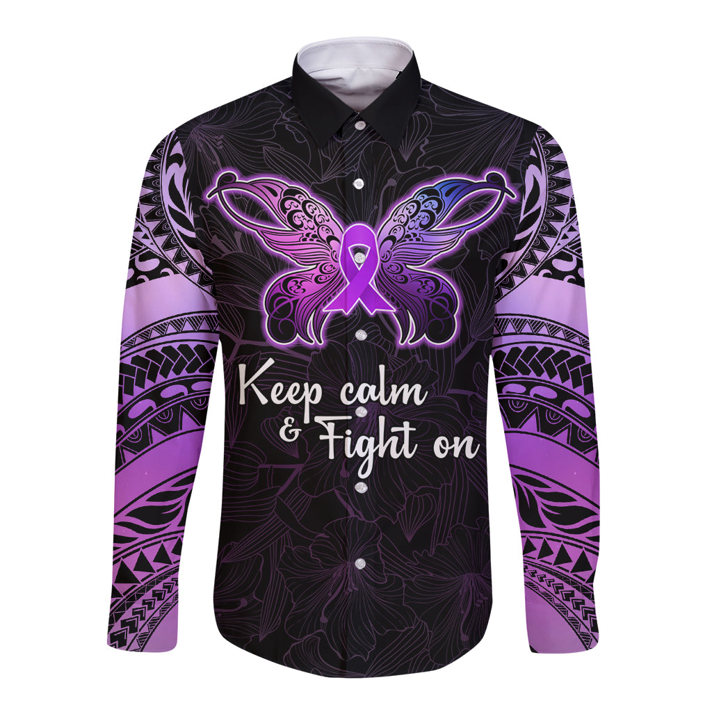 Pancreatic Cancer Awareness Long Sleeve Button Shirt Keep Calm And Fight On Polynesian Pattern LT05 Unisex Purple - Polynesian Pride