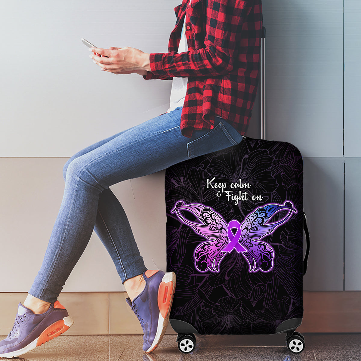 Pancreatic Cancer Awareness Luggage Cover Keep Calm And Fight On Polynesian Pattern LT05 - Polynesian Pride