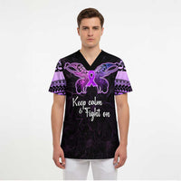 Pancreatic Cancer Awareness Scrub Top Keep Calm And Fight On Polynesian Pattern - Polynesian Pride