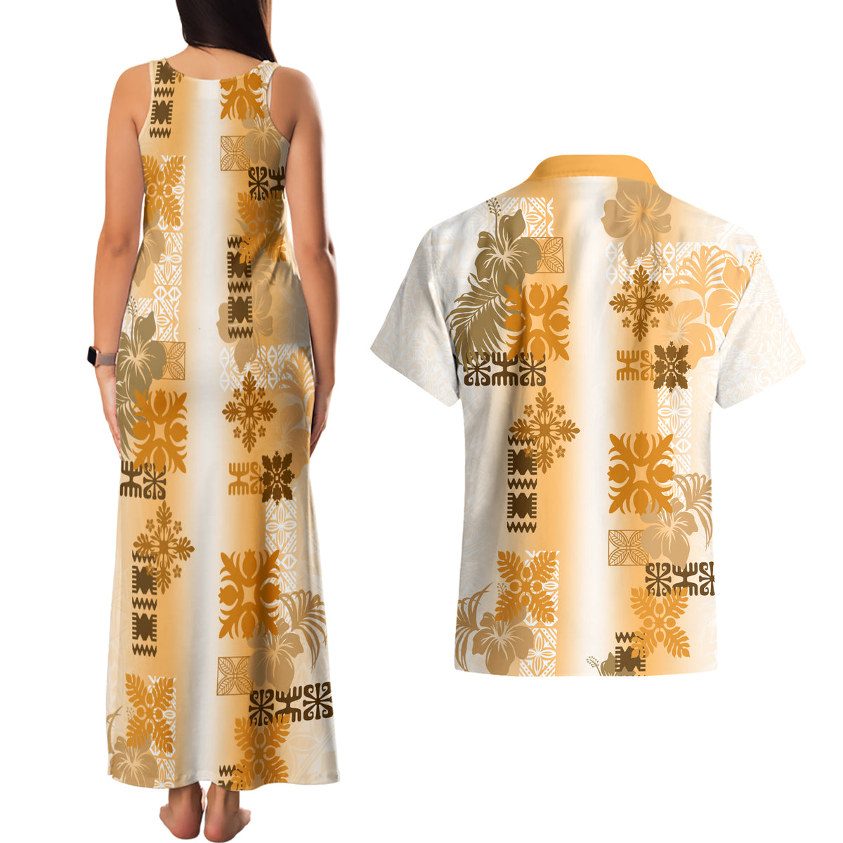 Hawaiian Quilt Couples Matching Tank Maxi Dress and Hawaiian Shirt Vintage Pattern Brown LT05 - Polynesian Pride