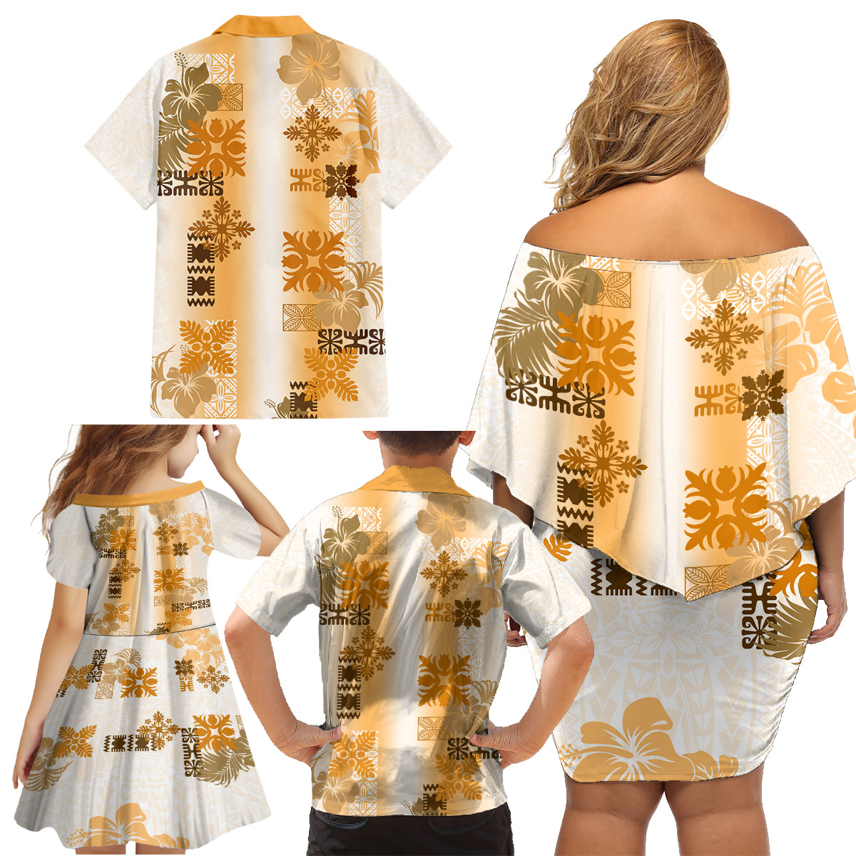 Hawaiian Quilt Family Matching Off Shoulder Short Dress and Hawaiian Shirt Vintage Pattern Brown LT05 - Polynesian Pride
