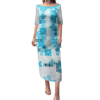 Hawaiian Quilt Family Matching Puletasi Dress and Hawaiian Shirt Vintage Pattern Blue LT05 Mom's Dress Blue - Polynesian Pride