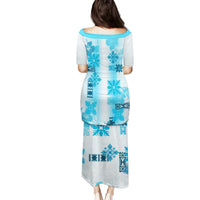 Hawaiian Quilt Family Matching Puletasi Dress and Hawaiian Shirt Vintage Pattern Blue LT05 - Polynesian Pride