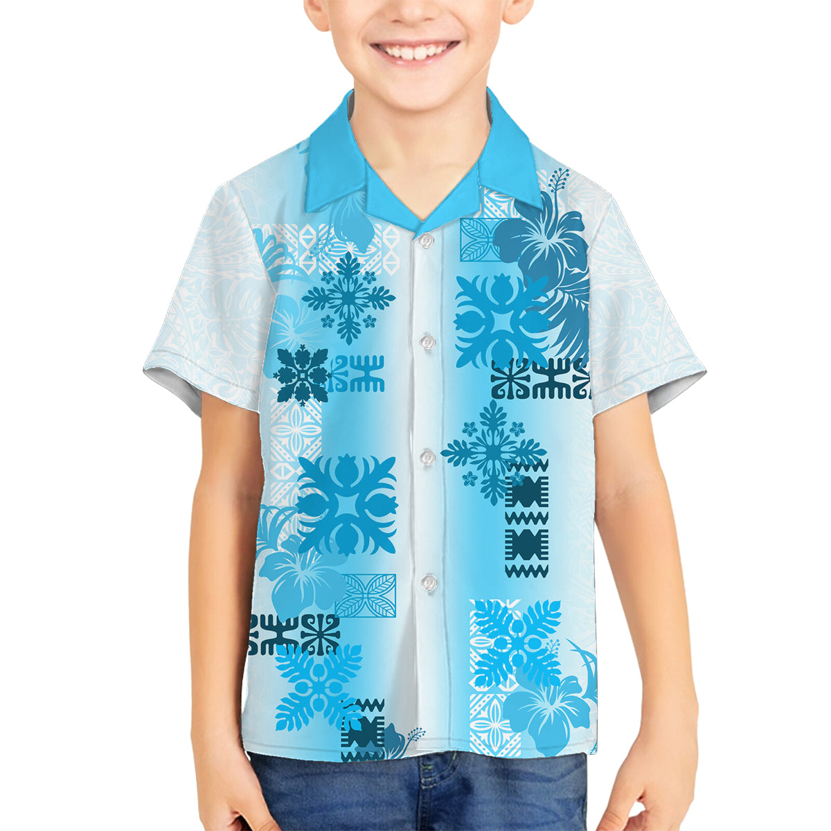 Hawaiian Quilt Family Matching Summer Maxi Dress and Hawaiian Shirt Vintage Pattern Blue LT05 Son's Shirt Blue - Polynesian Pride