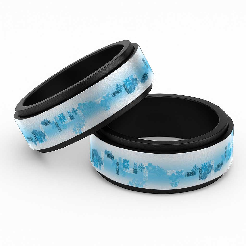 Hawaiian Quilt Spinner Ring Vintage Pattern Blue - Polynesian Pride