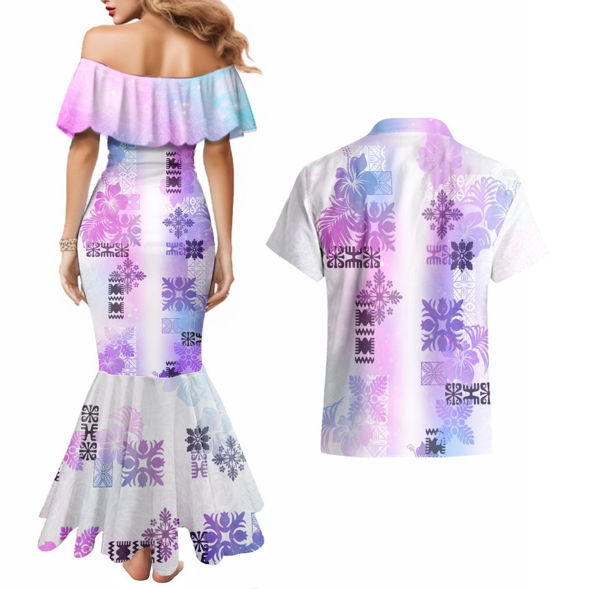 Hawaiian Quilt Couples Matching Mermaid Dress and Hawaiian Shirt Vintage Pattern Galaxy LT05 - Polynesian Pride
