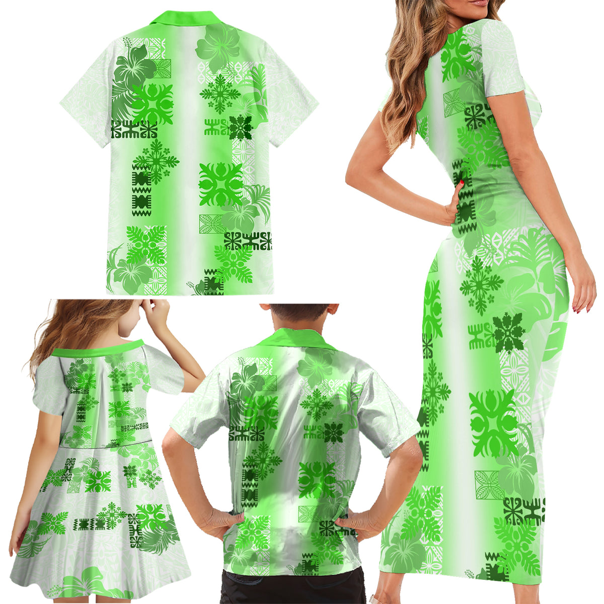 Hawaiian Quilt Family Matching Short Sleeve Bodycon Dress and Hawaiian Shirt Vintage Pattern Green LT05 - Polynesian Pride