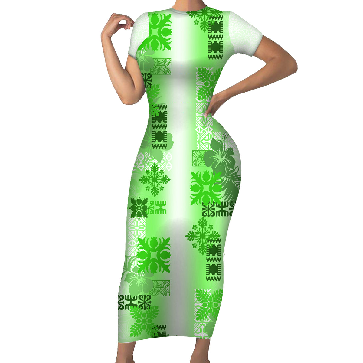 Hawaiian Quilt Family Matching Short Sleeve Bodycon Dress and Hawaiian Shirt Vintage Pattern Green LT05 Mom's Dress Green - Polynesian Pride