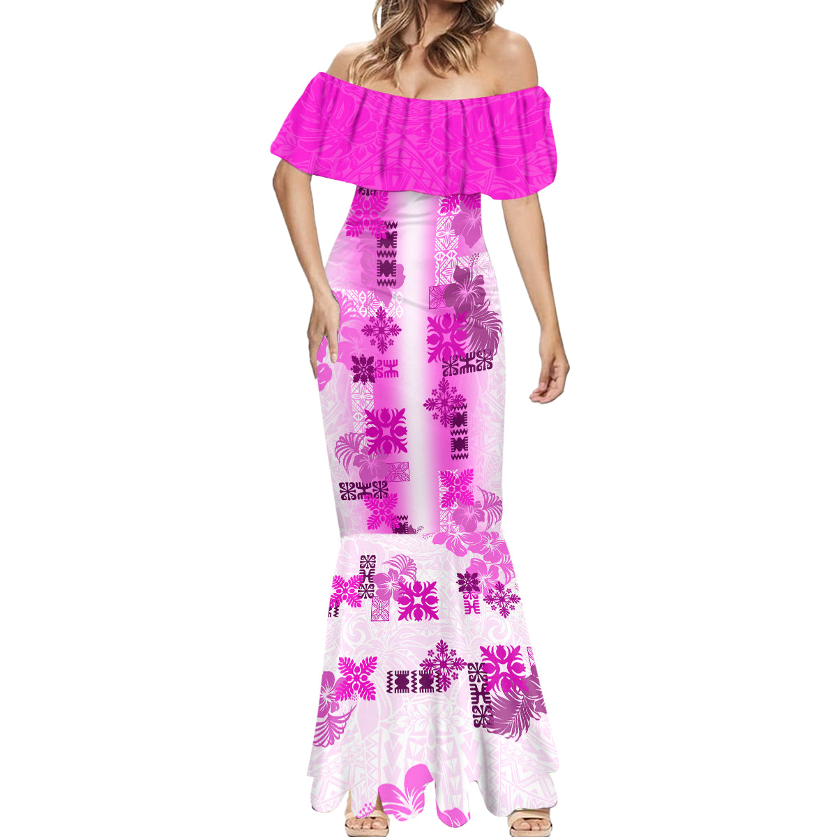 Hawaiian Quilt Mermaid Dress Vintage Pattern Pink LT05 - Polynesian Pride