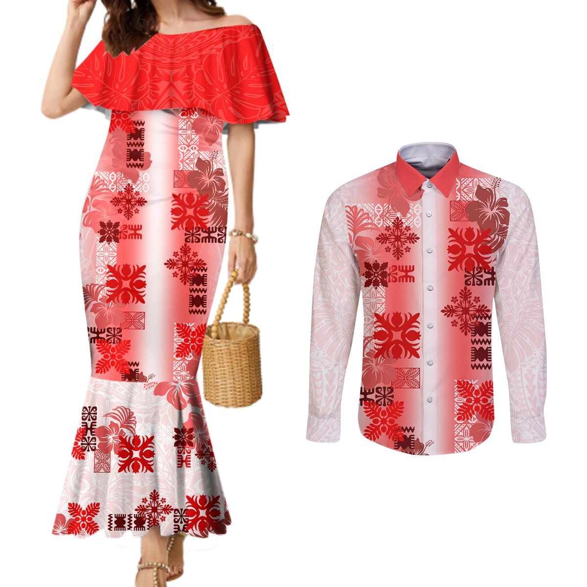 Hawaiian Quilt Couples Matching Mermaid Dress and Long Sleeve Button Shirt Vintage Pattern Red LT05 Red - Polynesian Pride