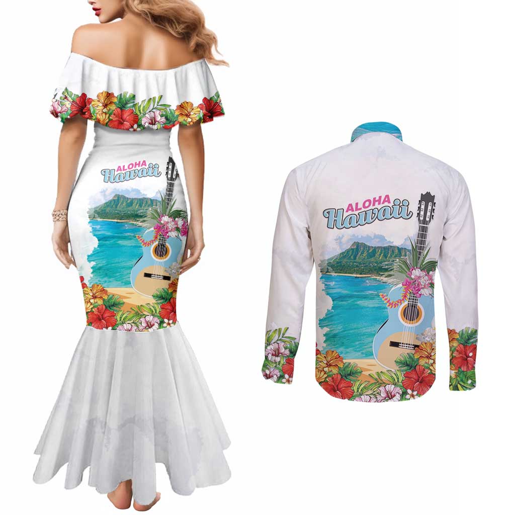 Aloha Hawaii Waikiki Beach Landscape Couples Matching Mermaid Dress and Long Sleeve Button Shirt