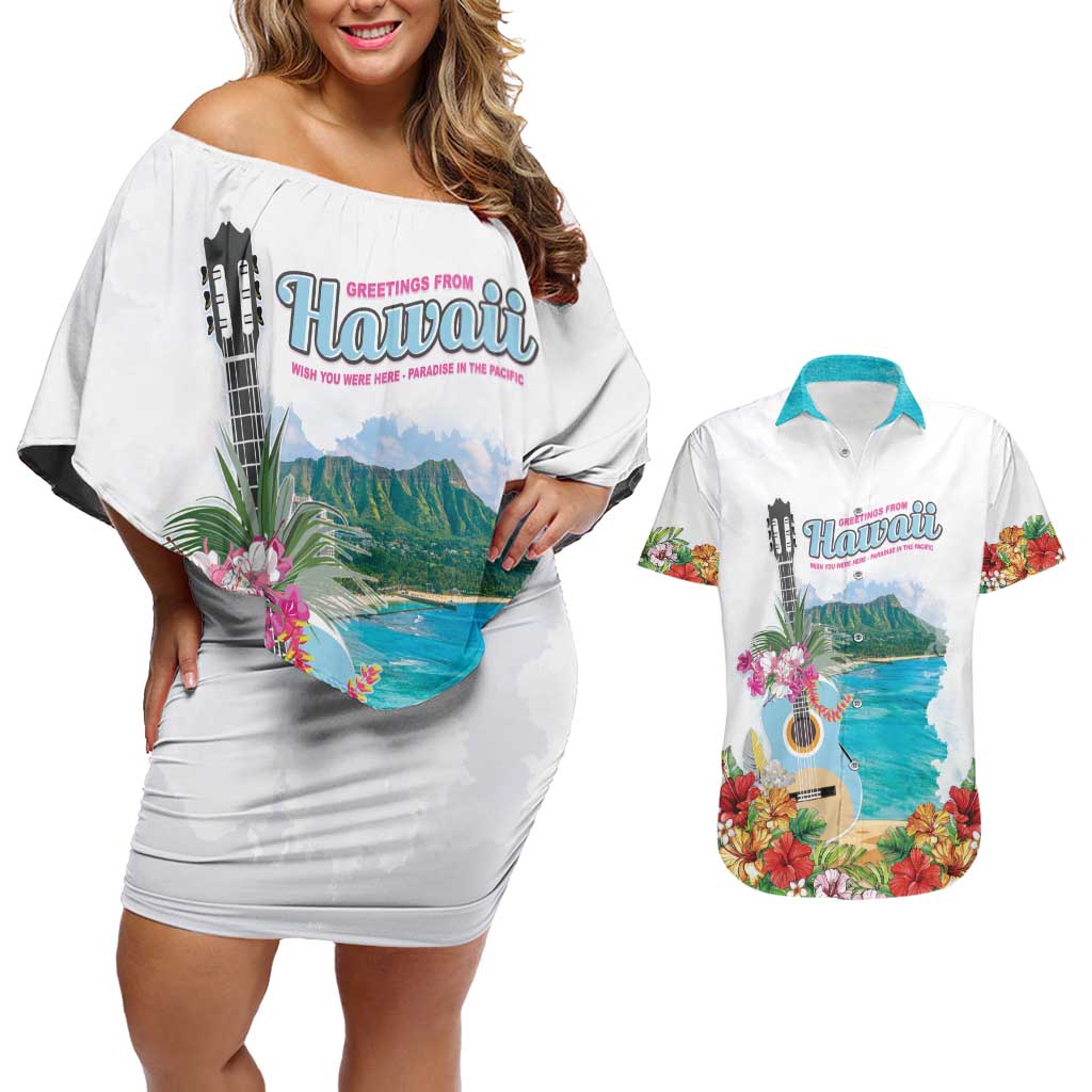 Aloha Hawaii Waikiki Beach Landscape Couples Matching Off Shoulder Short Dress and Hawaiian Shirt
