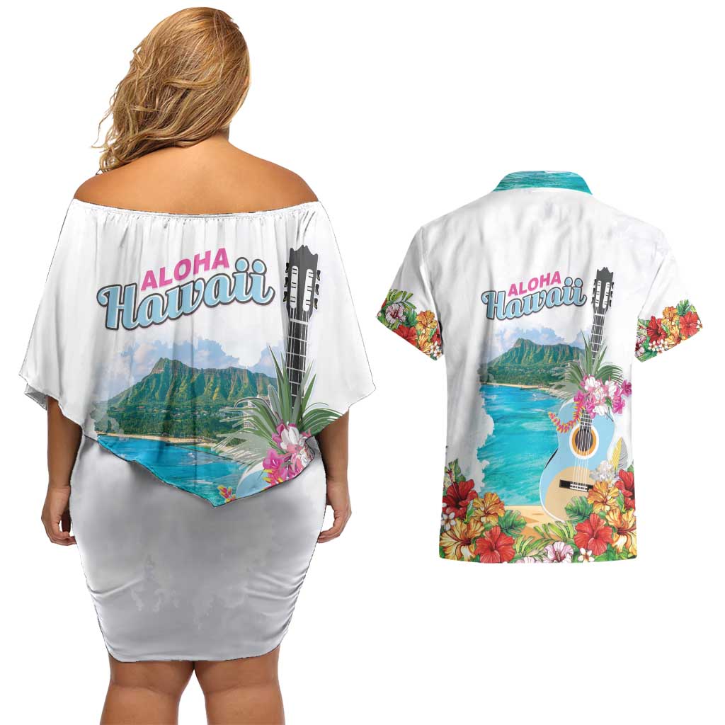 Aloha Hawaii Waikiki Beach Landscape Couples Matching Off Shoulder Short Dress and Hawaiian Shirt