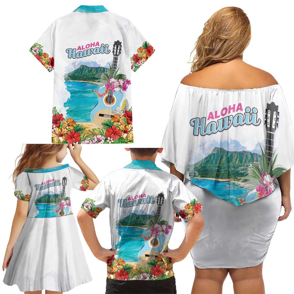 Aloha Hawaii Waikiki Beach Landscape Family Matching Off Shoulder Short Dress and Hawaiian Shirt