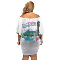 Aloha Hawaii Waikiki Beach Landscape Family Matching Off Shoulder Short Dress and Hawaiian Shirt