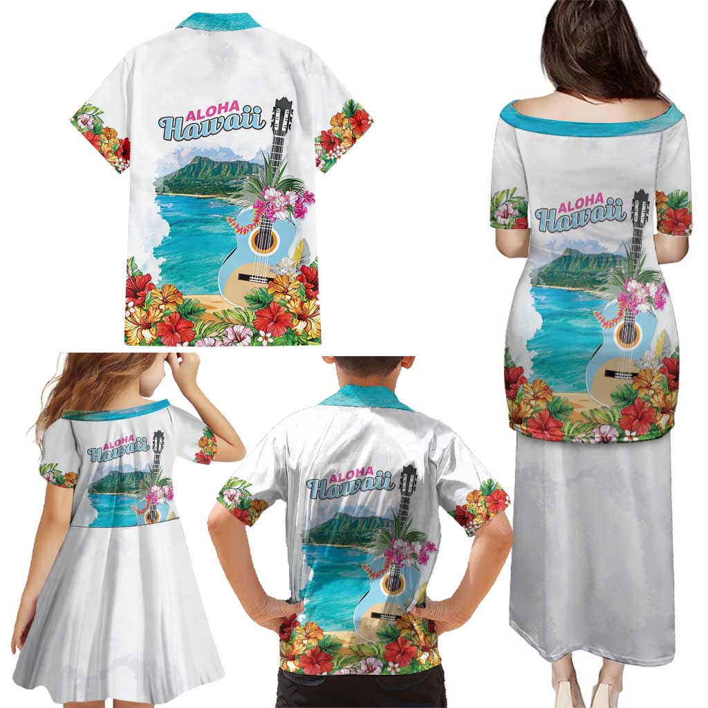 Aloha Hawaii Waikiki Beach Landscape Family Matching Puletasi and Hawaiian Shirt