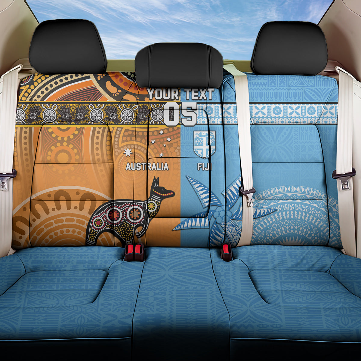 Custom Fiji Tapa And Australia Aboriginal Together Back Car Seat Cover LT05 One Size Blue - Polynesian Pride