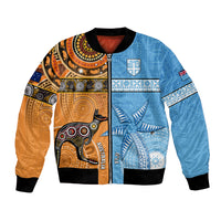Custom Fiji Tapa And Australia Aboriginal Together Bomber Jacket LT05 Unisex Blue - Polynesian Pride