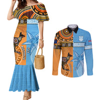 Custom Fiji Tapa And Australia Aboriginal Together Couples Matching Mermaid Dress and Long Sleeve Button Shirt LT05 Blue - Polynesian Pride