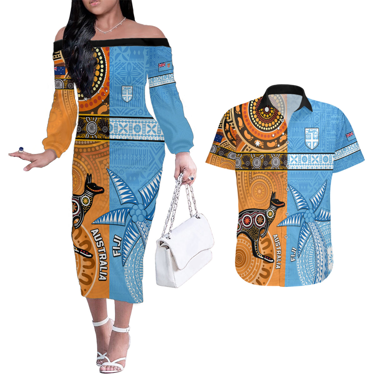 Custom Fiji Tapa And Australia Aboriginal Together Couples Matching Off The Shoulder Long Sleeve Dress and Hawaiian Shirt LT05 Blue - Polynesian Pride