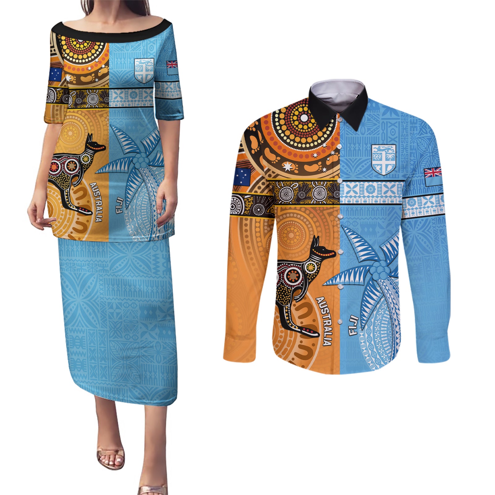 Custom Fiji Tapa And Australia Aboriginal Together Couples Matching Puletasi Dress and Long Sleeve Button Shirt LT05 Blue - Polynesian Pride