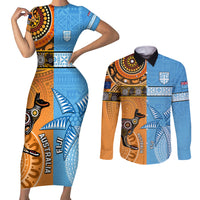 Custom Fiji Tapa And Australia Aboriginal Together Couples Matching Short Sleeve Bodycon Dress and Long Sleeve Button Shirt LT05 Blue - Polynesian Pride