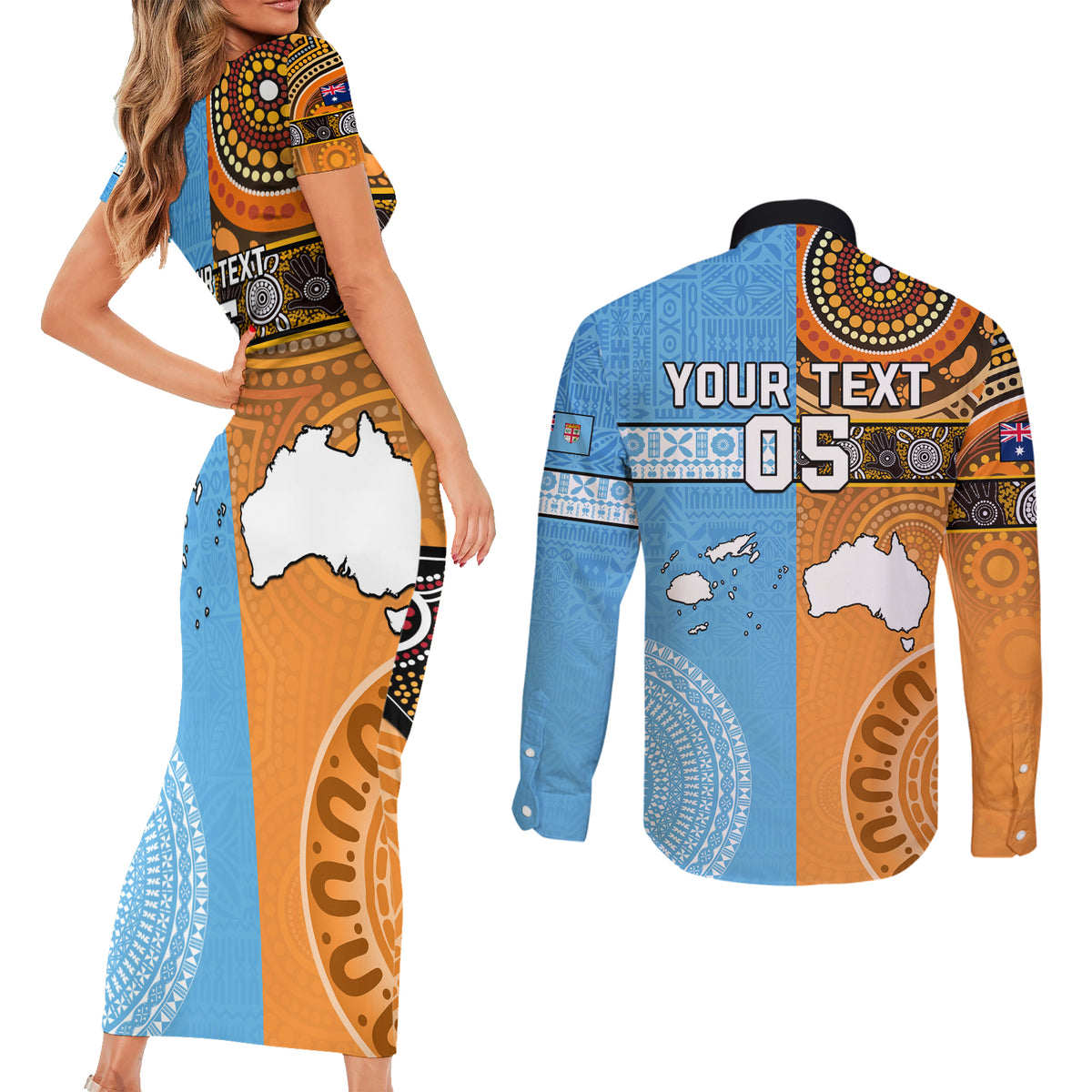 Custom Fiji Tapa And Australia Aboriginal Together Couples Matching Short Sleeve Bodycon Dress and Long Sleeve Button Shirt LT05 - Polynesian Pride